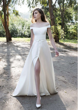 Off Shoulder Ivory Satin Slit Wedding Dress Off Shoulder Ivory Satin Slit Wedding Dress
